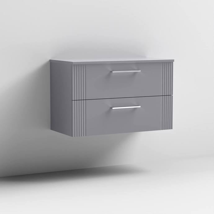 Nuie Deco 800mm Wall Hung 2 Drawer Fluted Vanity Unit & Worktop - Satin Grey - Unbeatable Bathrooms