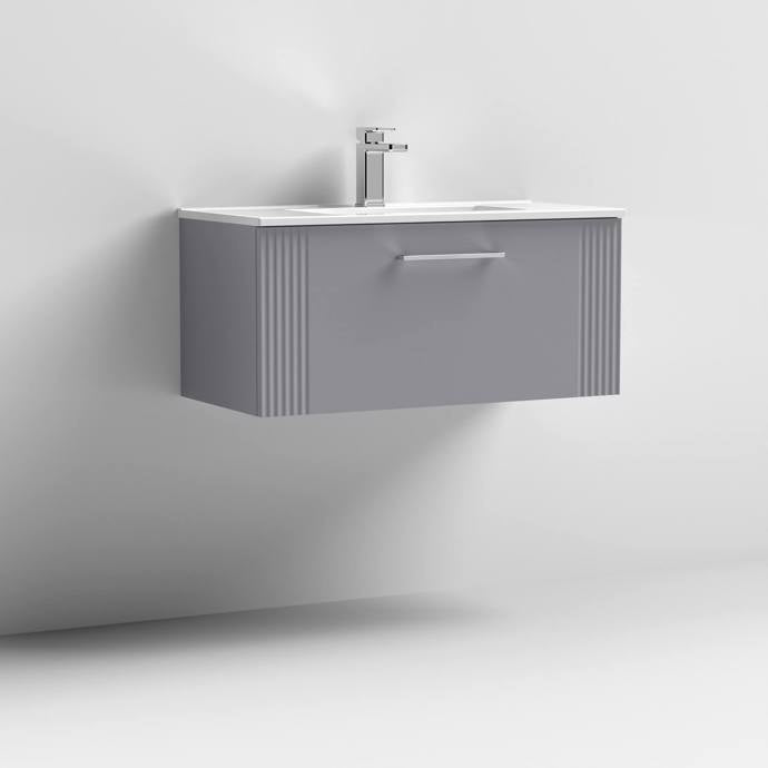 Nuie Deco 800mm Wall Hung 1 Drawer Fluted Vanity Unit & Basin - Satin Grey - Unbeatable Bathrooms