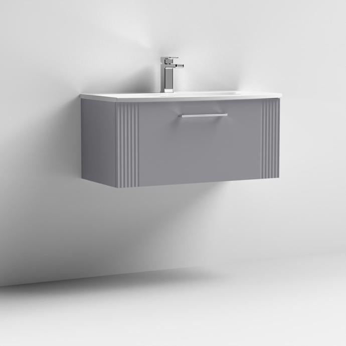 Nuie Deco 800mm Wall Hung 1 Drawer Fluted Vanity Unit & Basin - Satin Grey - Unbeatable Bathrooms