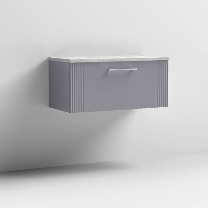 Nuie Deco 800mm Wall Hung 1 Drawer Fluted Vanity Unit & Worktop - Satin Grey - Unbeatable Bathrooms