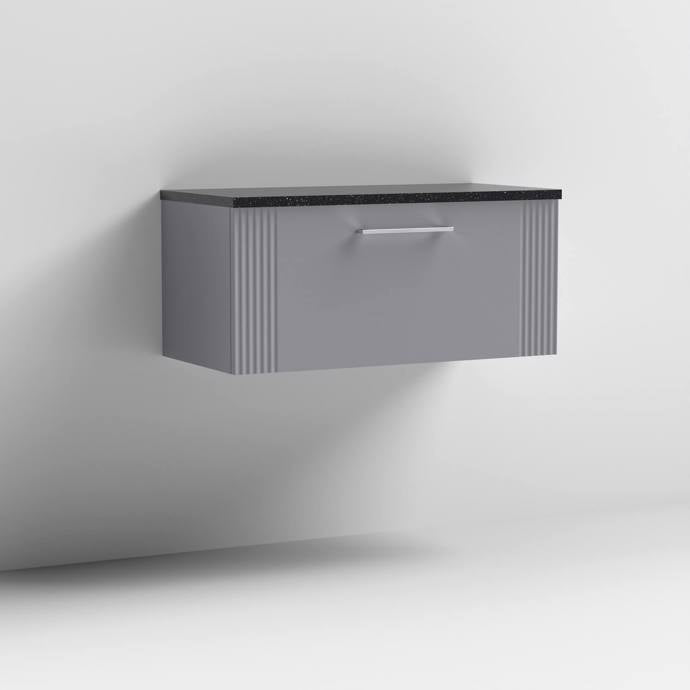 Nuie Deco 800mm Wall Hung 1 Drawer Fluted Vanity Unit & Worktop - Satin Grey - Unbeatable Bathrooms