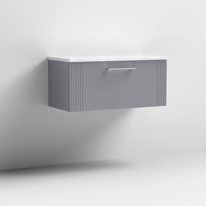 Nuie Deco 800mm Wall Hung 1 Drawer Fluted Vanity Unit & Worktop - Satin Grey - Unbeatable Bathrooms