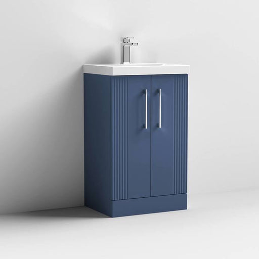 Nuie Deco 500mm Floor Standing 2 Door Fluted Vanity Unit & Basin - Satin Blue - Unbeatable Bathrooms