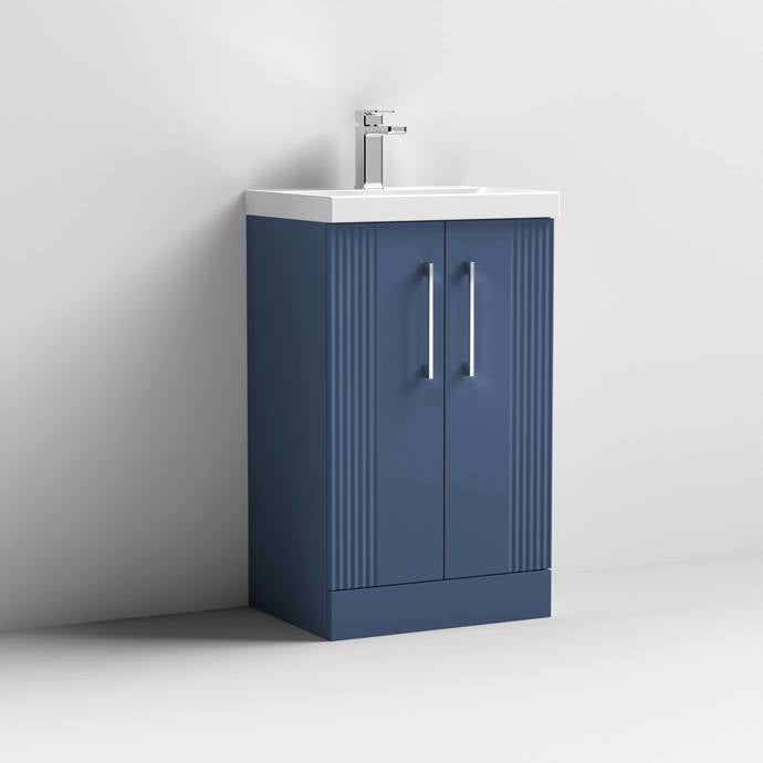Nuie Deco 500mm Floor Standing 2 Door Fluted Vanity Unit & Basin - Satin Blue - Unbeatable Bathrooms