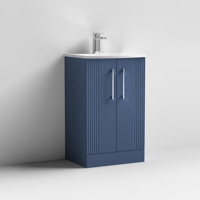Nuie Deco 500mm Floor Standing 2 Door Fluted Vanity Unit & Basin - Satin Blue - Unbeatable Bathrooms