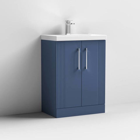Nuie Deco 600mm Floor Standing 2 Door Fluted Vanity Unit & Basin - Satin Blue - Unbeatable Bathrooms