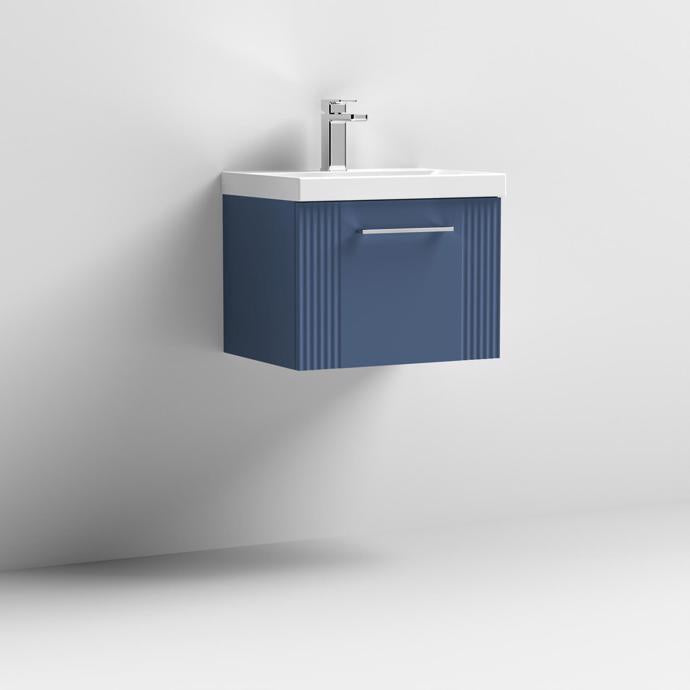 Nuie Deco 500mm Wall Hung 1 Drawer Fluted Vanity Unit & Basin - Satin Blue - Unbeatable Bathrooms