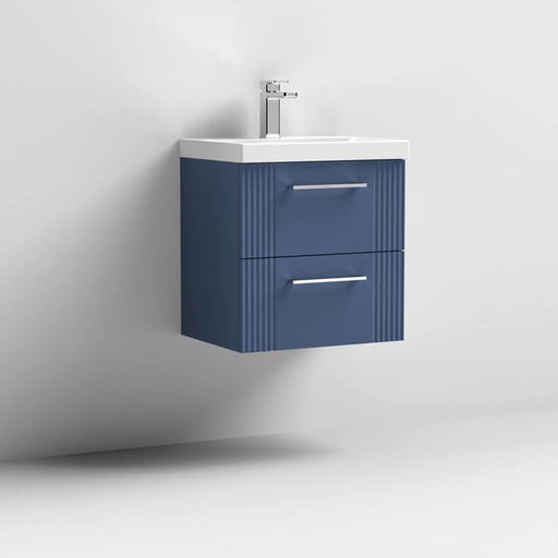 Nuie Deco 500mm Wall Hung 2 Drawer Fluted Vanity Unit & Basin - Satin Blue - Unbeatable Bathrooms