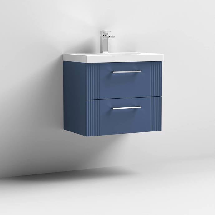 Nuie Deco 600mm Wall Hung 2 Drawer Fluted Vanity Unit & Basin - Satin Blue - Unbeatable Bathrooms