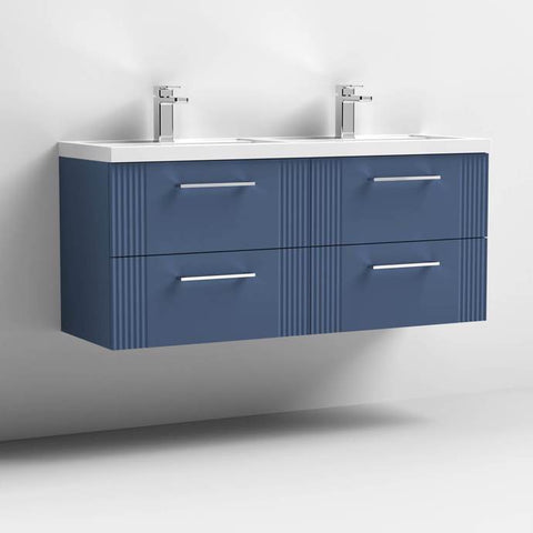 Nuie Deco 1200mm Wall Hung 4 Drawer Fluted Double Vanity Unit & Basins - Satin Blue - Unbeatable Bathrooms