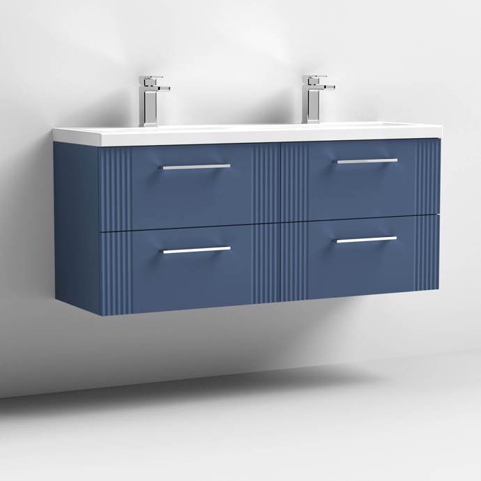 Nuie Deco 1200mm Wall Hung 4 Drawer Fluted Double Vanity Unit & Basins - Satin Blue - Unbeatable Bathrooms