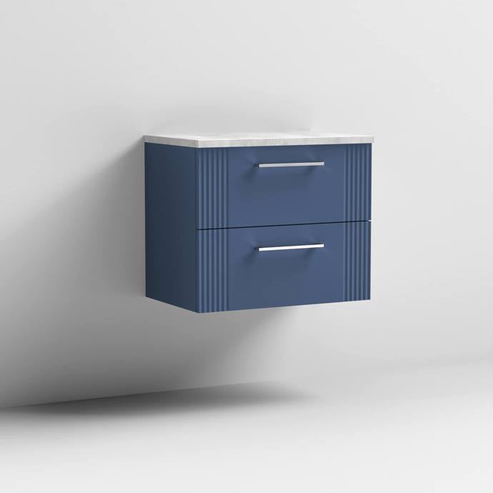 Nuie Deco 600mm Wall Hung 2 Drawer Fluted Vanity Unit & Worktop - Satin Blue - Unbeatable Bathrooms