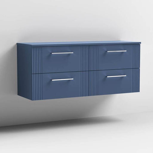 Nuie Deco 1200mm Wall Hung 4 Drawer Fluted Double Vanity Unit & Worktop - Satin Blue - Unbeatable Bathrooms