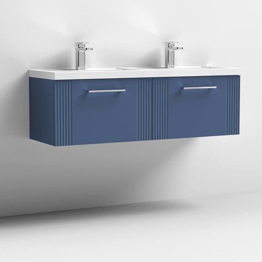 Nuie Deco 1200mm Wall Hung 2 Drawer Fluted Double Vanity Unit & Basins - Satin Blue - Unbeatable Bathrooms