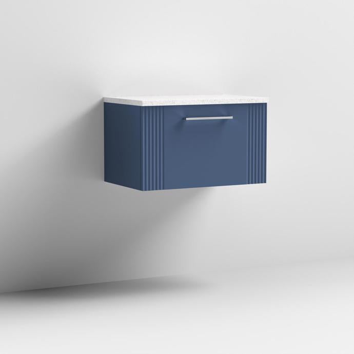 Nuie Deco 600mm Wall Hung 1 Drawer Fluted Vanity Unit & Worktop - Satin Blue - Unbeatable Bathrooms