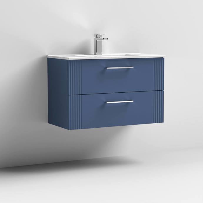 Nuie Deco 800mm Wall Hung 2 Drawer Fluted Vanity Unit & Basin - Satin Blue - Unbeatable Bathrooms