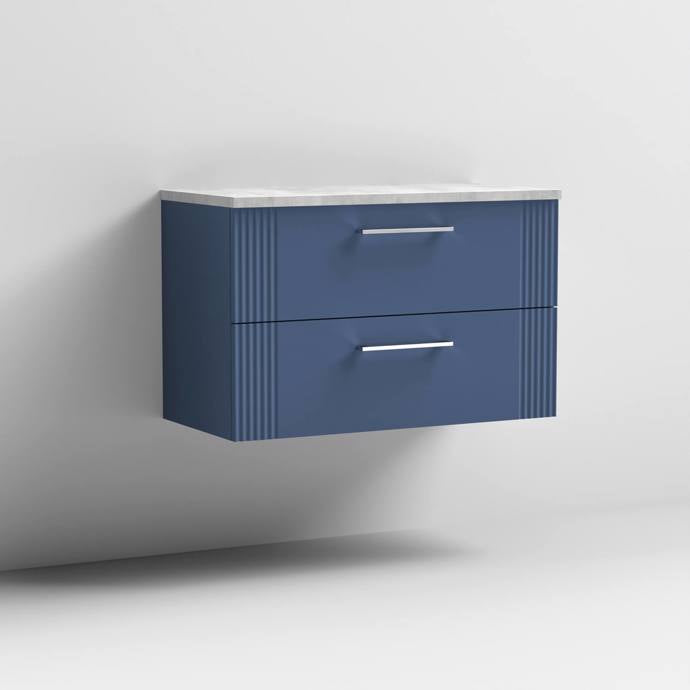 Nuie Deco 800mm Wall Hung 2 Drawer Fluted Vanity Unit & Worktop - Satin Blue - Unbeatable Bathrooms