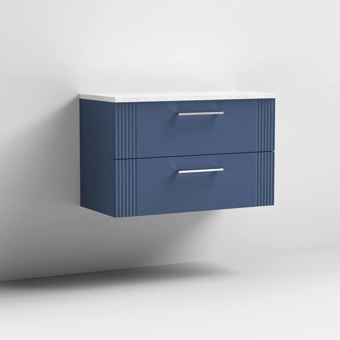 Nuie Deco 800mm Wall Hung 2 Drawer Fluted Vanity Unit & Worktop - Satin Blue - Unbeatable Bathrooms