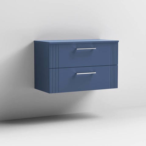 Nuie Deco 800mm Wall Hung 2 Drawer Fluted Vanity Unit & Worktop - Satin Blue - Unbeatable Bathrooms