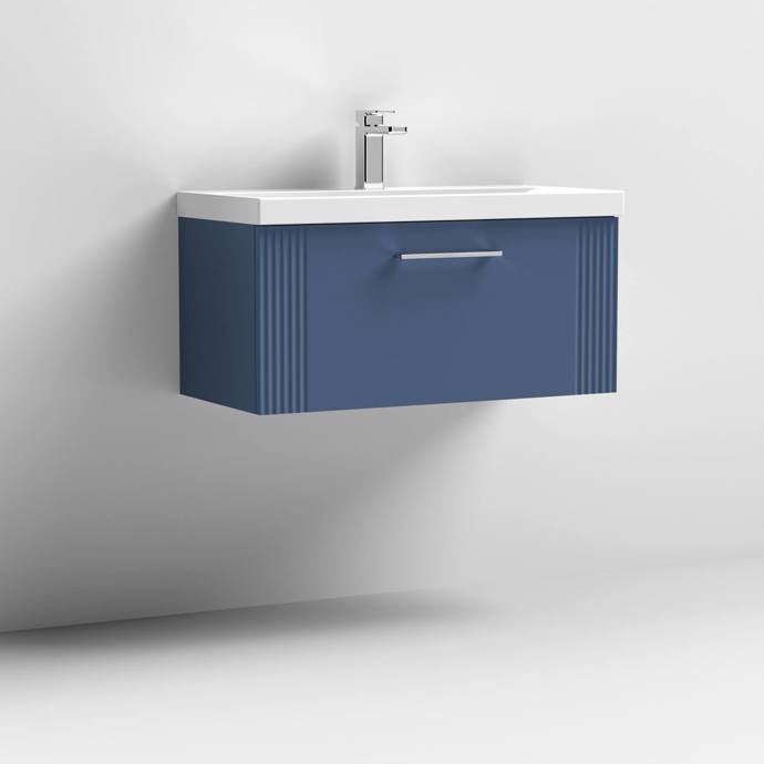 Nuie Deco 800mm Wall Hung 1 Drawer Fluted Vanity Unit & Basin - Satin Blue - Unbeatable Bathrooms