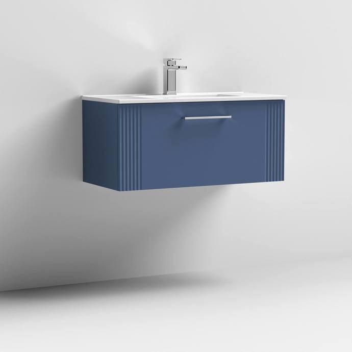 Nuie Deco 800mm Wall Hung 1 Drawer Fluted Vanity Unit & Basin - Satin Blue - Unbeatable Bathrooms