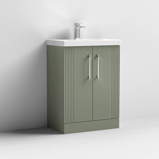 Nuie Deco 600mm Floor Standing 2 Door Fluted Vanity Unit & Basin - Satin Green - Unbeatable Bathrooms