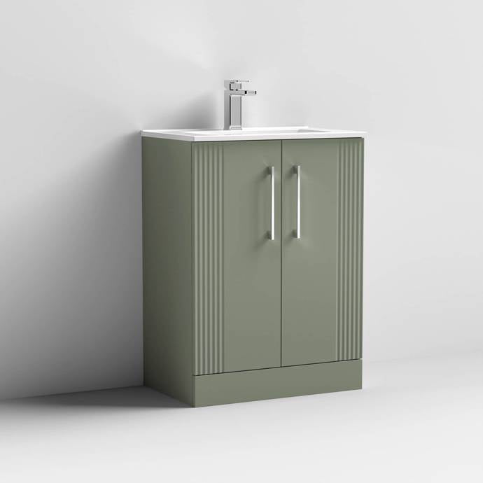 Nuie Deco 600mm Floor Standing 2 Door Fluted Vanity Unit & Basin - Satin Green - Unbeatable Bathrooms