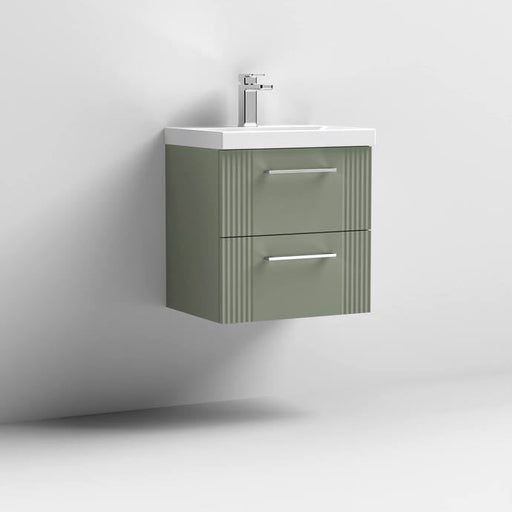 Nuie Deco 500mm Wall Hung 2 Drawer Fluted Vanity Unit & Basin - Satin Green - Unbeatable Bathrooms
