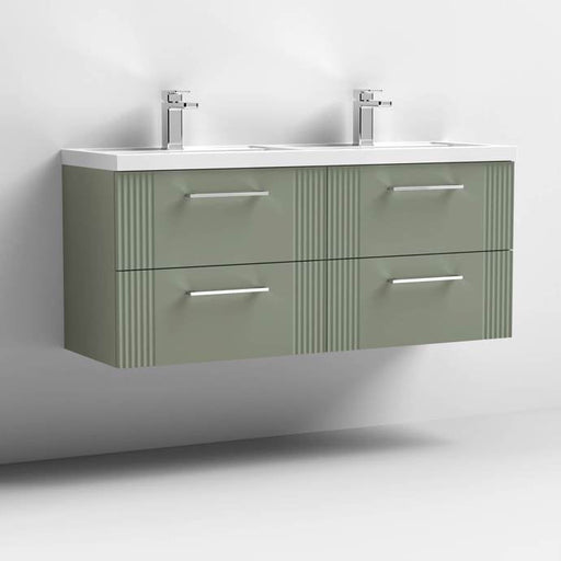 Nuie Deco 1200mm Wall Hung 4 Drawer Fluted Double Vanity Unit & Basins - Satin Green - Unbeatable Bathrooms