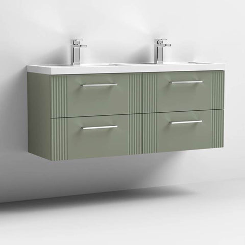 Nuie Deco 1200mm Wall Hung 4 Drawer Fluted Double Vanity Unit & Basins - Satin Green - Unbeatable Bathrooms