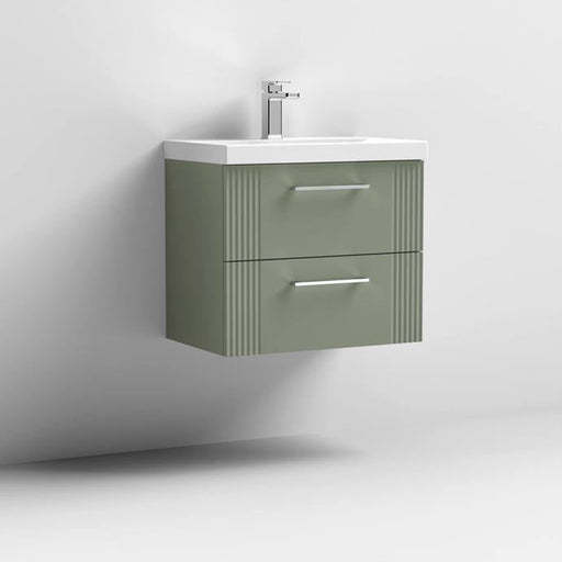 Nuie Deco 600mm Wall Hung 2 Drawer Fluted Vanity Unit & Basin - Satin Green - Unbeatable Bathrooms