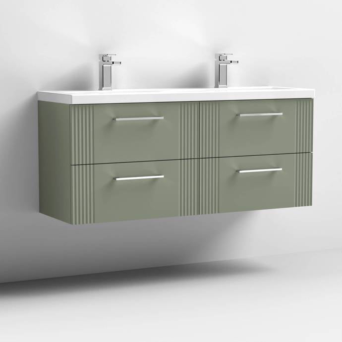 Nuie Deco 1200mm Wall Hung 4 Drawer Fluted Double Vanity Unit & Basins - Satin Green - Unbeatable Bathrooms