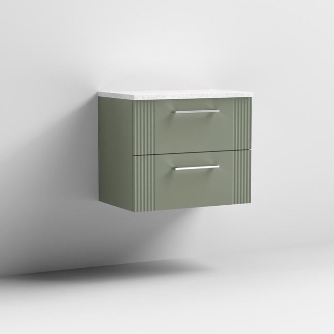 Nuie Deco 600mm Wall Hung 2 Drawer Fluted Vanity Unit & Worktop - Satin Green - Unbeatable Bathrooms
