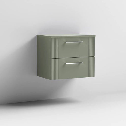 Nuie Deco 600mm Wall Hung 2 Drawer Fluted Vanity Unit & Worktop - Satin Green - Unbeatable Bathrooms