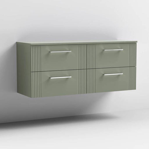 Nuie Deco 1200mm Wall Hung 4 Drawer Fluted Double Vanity Unit & Worktop - Satin Green - Unbeatable Bathrooms