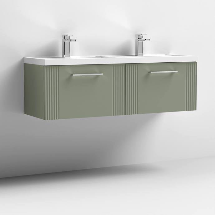 Nuie Deco 1200mm Wall Hung 2 Drawer Fluted Double Vanity Unit & Basins - Satin Green - Unbeatable Bathrooms