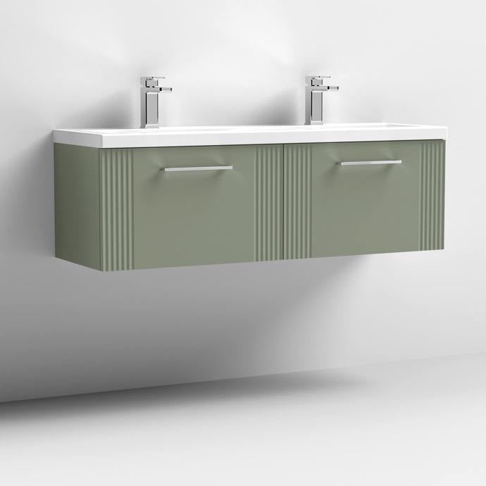 Nuie Deco 1200mm Wall Hung 2 Drawer Fluted Double Vanity Unit & Basins - Satin Green - Unbeatable Bathrooms