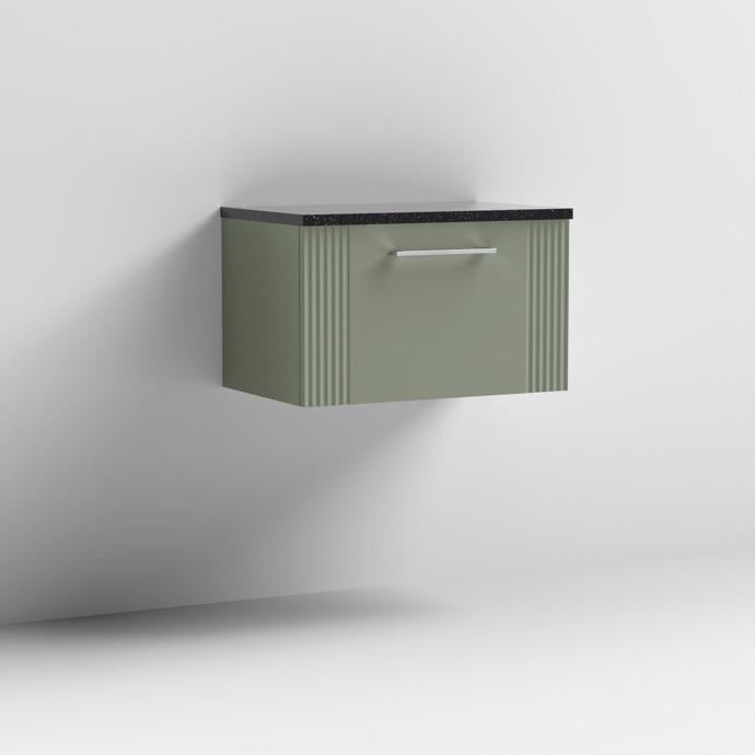 Nuie Deco 600mm Wall Hung 1 Drawer Fluted Vanity Unit & Worktop - Satin Green - Unbeatable Bathrooms