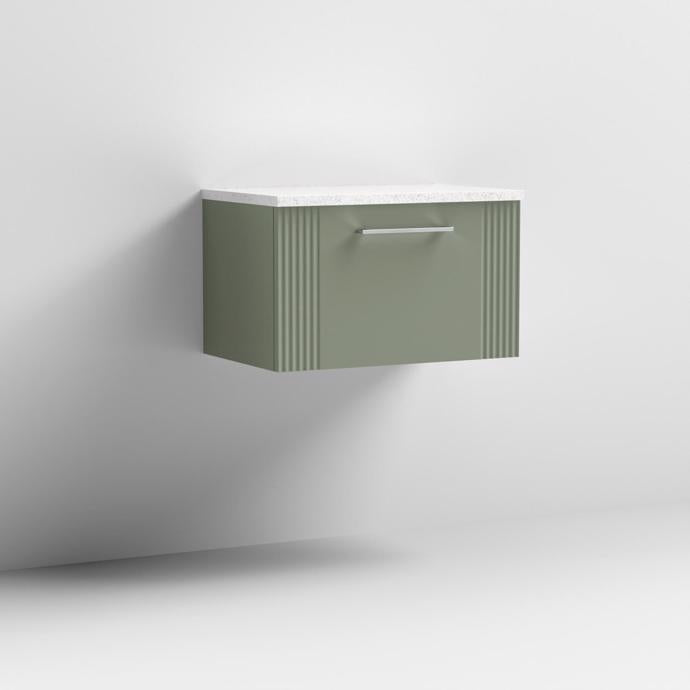 Nuie Deco 600mm Wall Hung 1 Drawer Fluted Vanity Unit & Worktop - Satin Green - Unbeatable Bathrooms