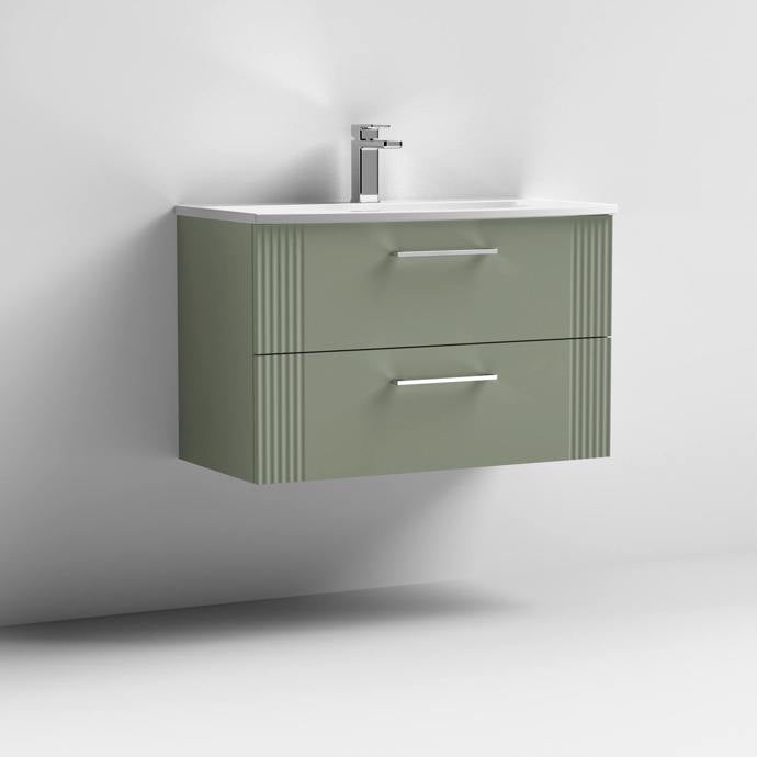 Nuie Deco 800mm Wall Hung 2 Drawer Fluted Vanity Unit & Basin - Satin Green - Unbeatable Bathrooms
