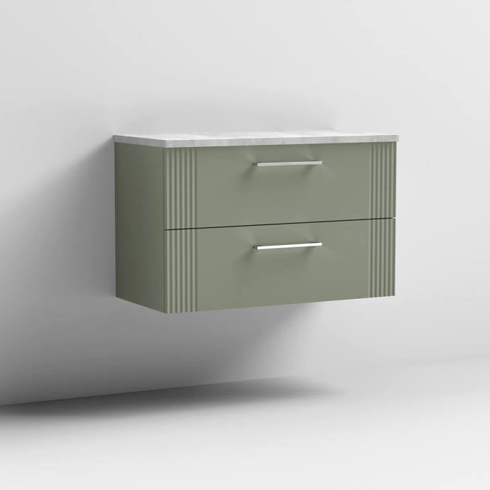 Nuie Deco 800mm Wall Hung 2 Drawer Fluted Vanity Unit & Worktop - Satin Green - Unbeatable Bathrooms