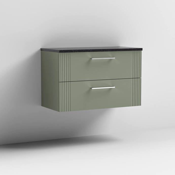 Nuie Deco 800mm Wall Hung 2 Drawer Fluted Vanity Unit & Worktop - Satin Green - Unbeatable Bathrooms