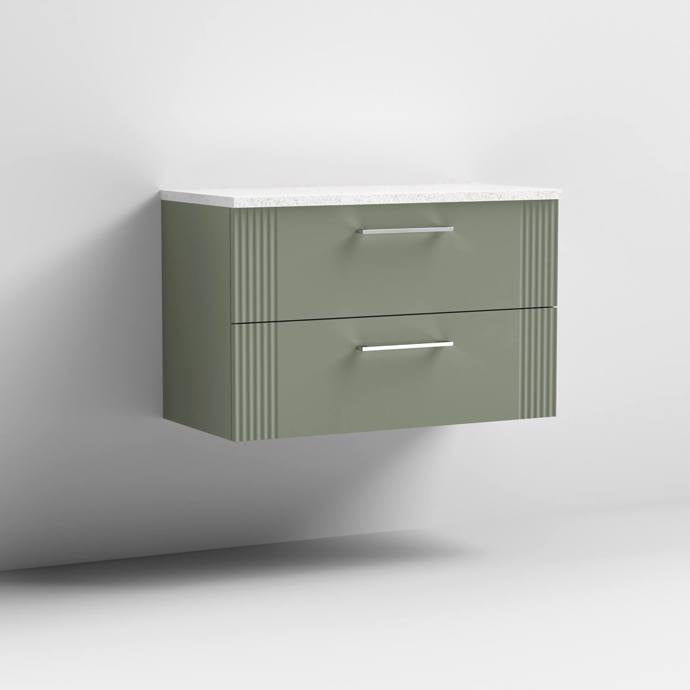 Nuie Deco 800mm Wall Hung 2 Drawer Fluted Vanity Unit & Worktop - Satin Green - Unbeatable Bathrooms
