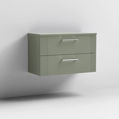 Nuie Deco 800mm Wall Hung 2 Drawer Fluted Vanity Unit & Worktop - Satin Green - Unbeatable Bathrooms