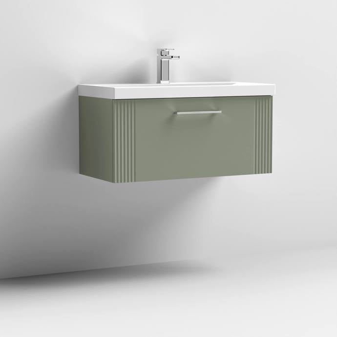 Nuie Deco 800mm Wall Hung 1 Drawer Fluted Vanity Unit & Basin - Satin Green - Unbeatable Bathrooms