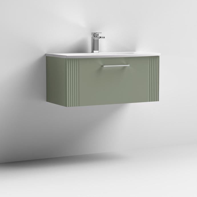 Nuie Deco 800mm Wall Hung 1 Drawer Fluted Vanity Unit & Basin - Satin Green - Unbeatable Bathrooms