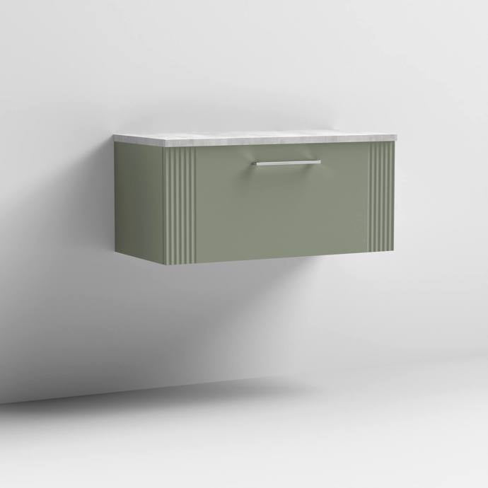 Nuie Deco 800mm Wall Hung 1 Drawer Fluted Vanity Unit & Worktop - Satin Green - Unbeatable Bathrooms