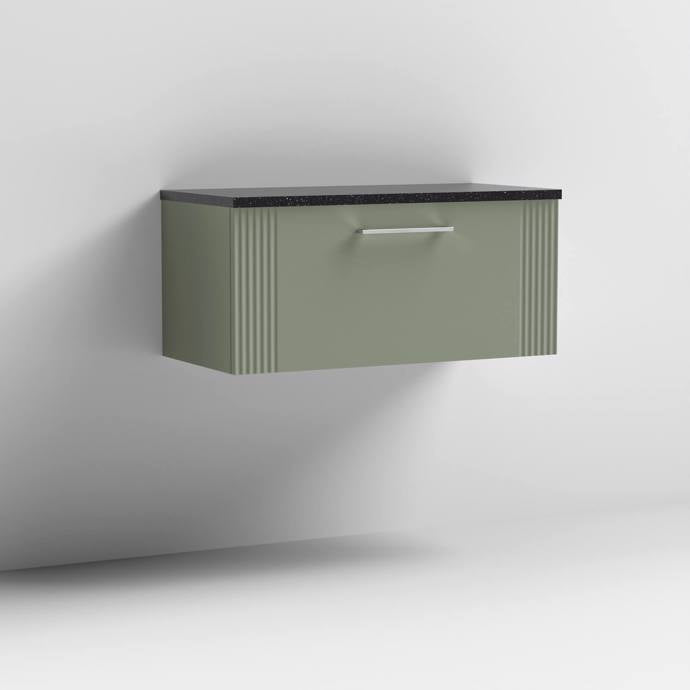 Nuie Deco 800mm Wall Hung 1 Drawer Fluted Vanity Unit & Worktop - Satin Green - Unbeatable Bathrooms