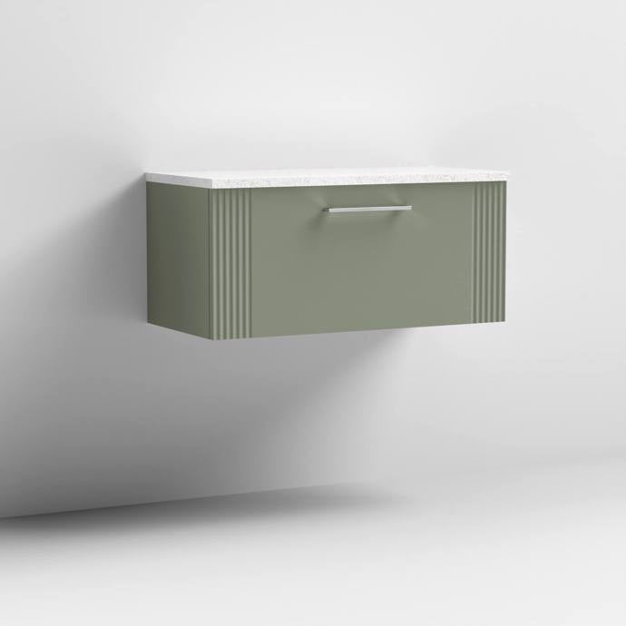 Nuie Deco 800mm Wall Hung 1 Drawer Fluted Vanity Unit & Worktop - Satin Green - Unbeatable Bathrooms