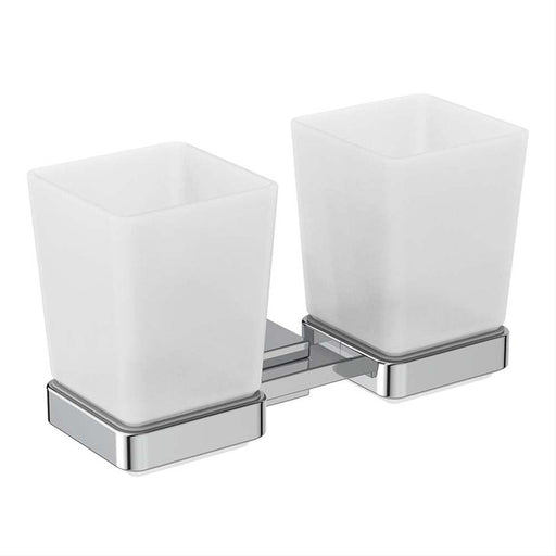 Ideal Standard IOM Square Double Tumbler and Holder - Frosted Glass/Chrome - Unbeatable Bathrooms